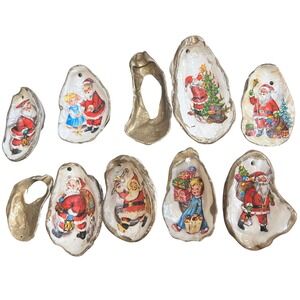 Vtg Handmade Oyster shell Decoupage Santa Christmas Ornament gold edges